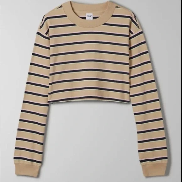 Aritzia TNA Striped Tan Long-Sleeve Crop Top - Picture 2 of 6